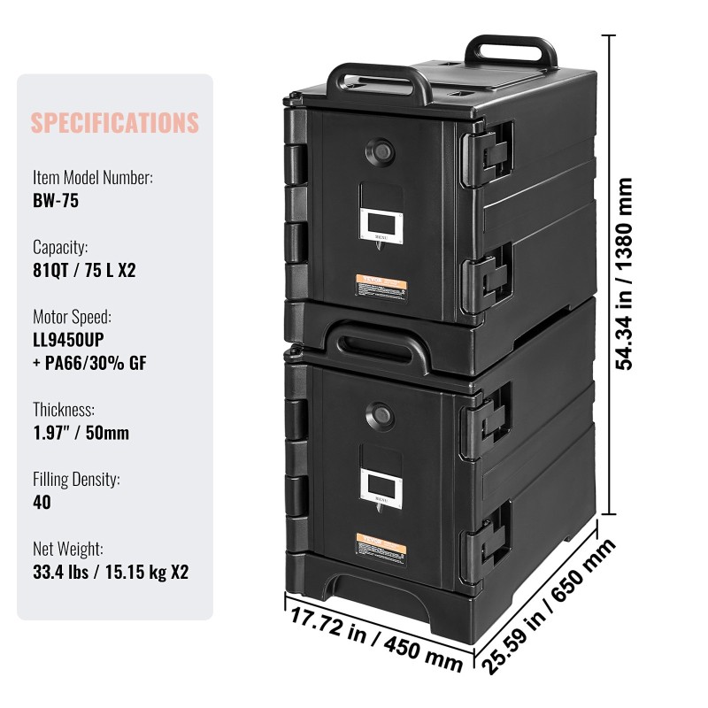 Eristetyt ruokakuljetuslaatikot 75 l 2 kpl etuluukulla pinottavat kahvoilla pyörillä