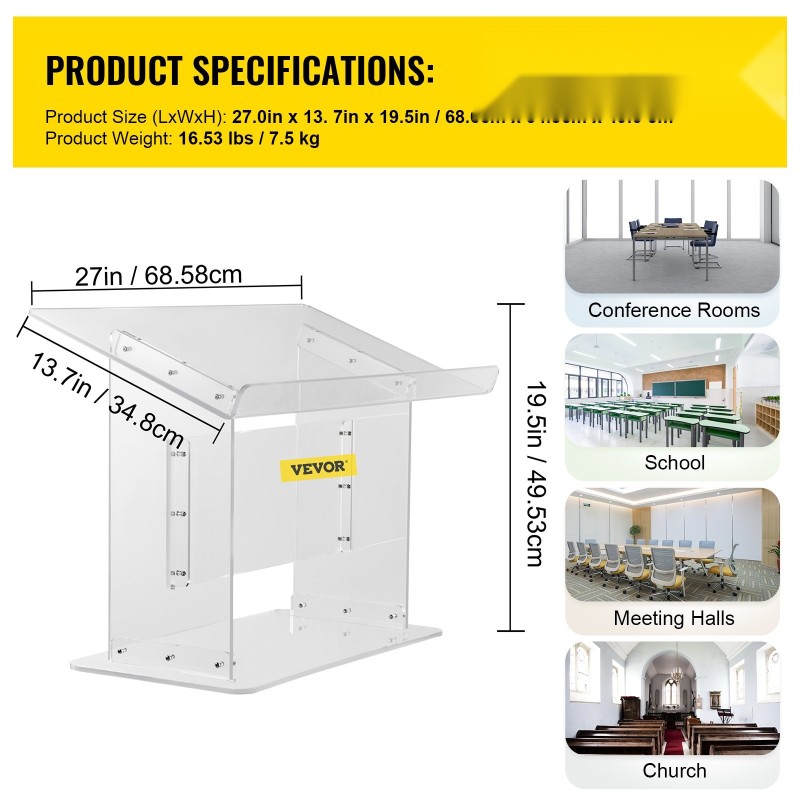 Akryylinen pöytämallinen puhujapöytä 49,5 cm korkea viisto taso kirjatuki