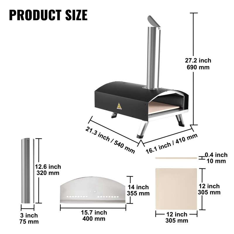 Pizzauuni kaksitoista tuumaa ruostumatonta terästä ulkokäyttöön pizzakivellä taittuvilla jaloilla