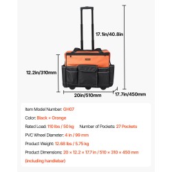 Rullattava työkalulaukku 50 kg kantavuus 27 taskua 1680D polyesteri pyörillä