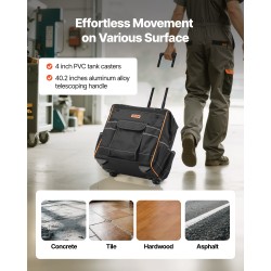 Pyörällinen työkalulaukku 1680D polyesteri 25 taskua säädettävä teleskooppikahva 50 kg kantavuus