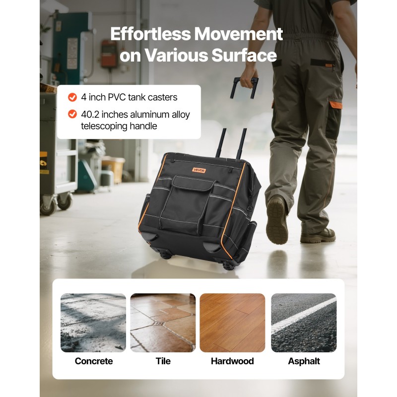 Pyörällinen työkalulaukku 1680D polyesteri 25 taskua säädettävä teleskooppikahva 50 kg kantavuus