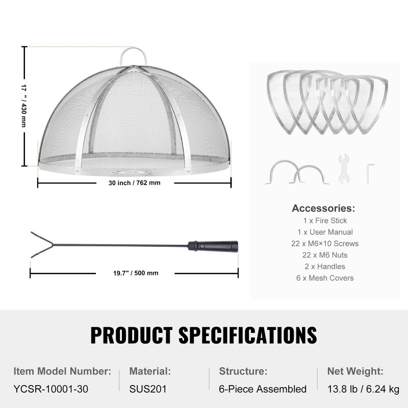 Tulisijan kansi kolmenkymmenen tuuman halkaisijalla ruostumattomasta teräksestä kipinäsuojalla ulkokäyttöön