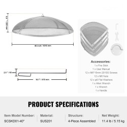Pyöreä kipinäsuoja tulisijalle ruostumattomasta teräksestä 40 tuumaa rengaskahvalla