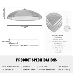 Kipinäsuoja tulipesälle ruostumattomasta teräksestä halkaisija 914 mm rengaskahva neliosainen