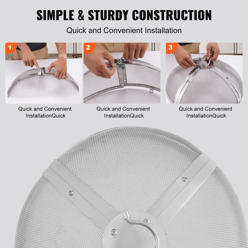 Pyöreä kipinäsuoja tulipesälle ruostumatonta terästä 27 tuuman halkaisijalla rengaskahvalla koottava