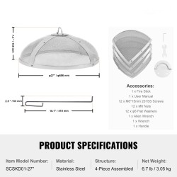 Pyöreä kipinäsuoja tulipesälle ruostumatonta terästä 27 tuuman halkaisijalla rengaskahvalla koottava