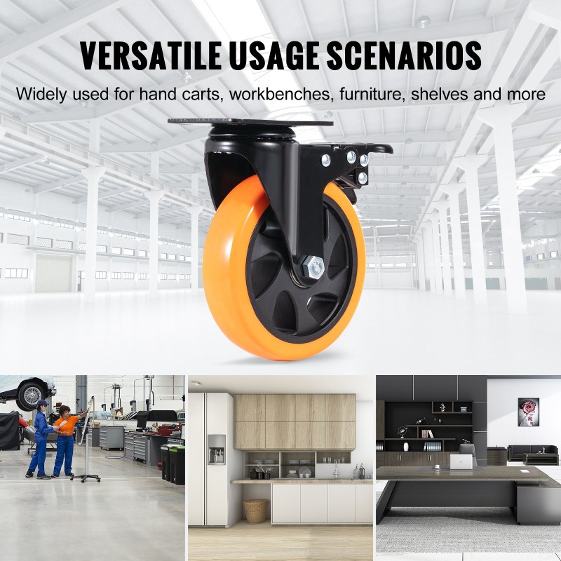 Kääntöpyörät PVC 127 mm 4 kpl 204 kg kantavuus A/B-lukitus jälkiä jättämättömät