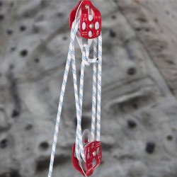 Kaksoispyörätalja taottua alumiinia 12 millimetriä paksulla polyesteriköydellä 46 metriä 35 kilonewtonin murtolujuus