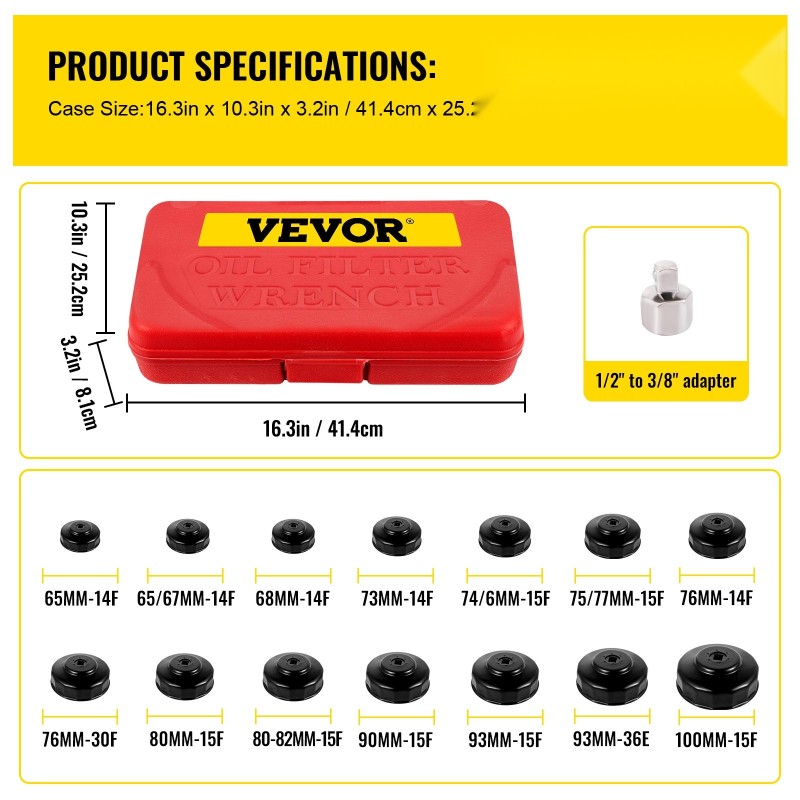 Öljynsuodatin hylsysarja teräs 14-osainen matalaprofiilinen sisältää sovittimen ja säilytyslaukun