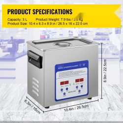 Ultraäänipuhdistin 3L digitaalinen 40kHz 316/304 ruostumaton teräs lämmityksellä ajastimella koruille