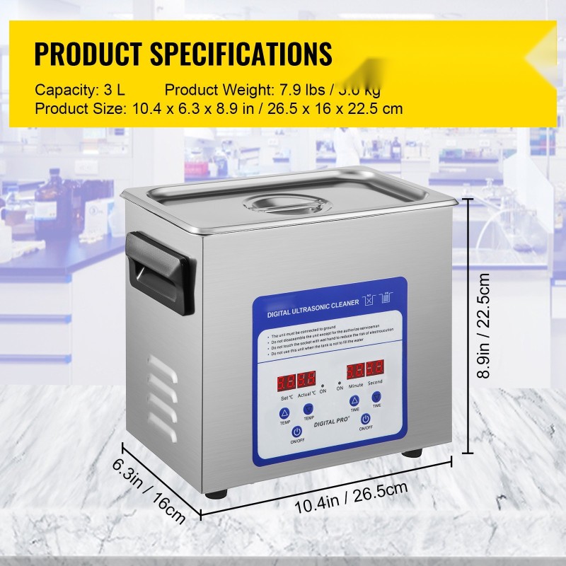 Ultraäänipuhdistin 3L digitaalinen 40kHz 316/304 ruostumaton teräs lämmityksellä ajastimella koruille