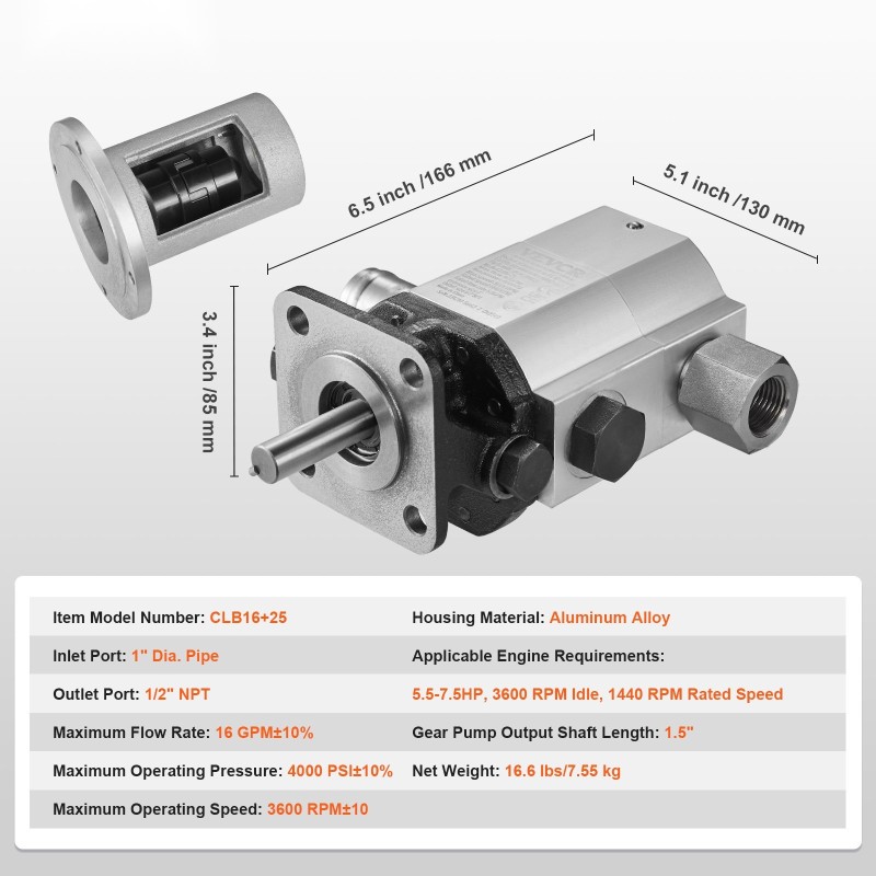 Hydraulinen hammaspyöräpumppusarja alumiinirunko 2-vaiheinen 60,6 l/min 27,6 MPa puunhalkaisijoihin