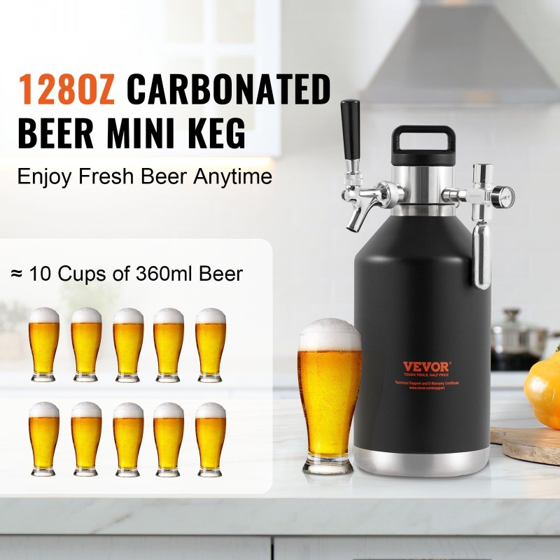 Paineistettu oluen minitynnyri neljän litran ruostumattomasta teräksestä paineensäätimellä painemittarilla