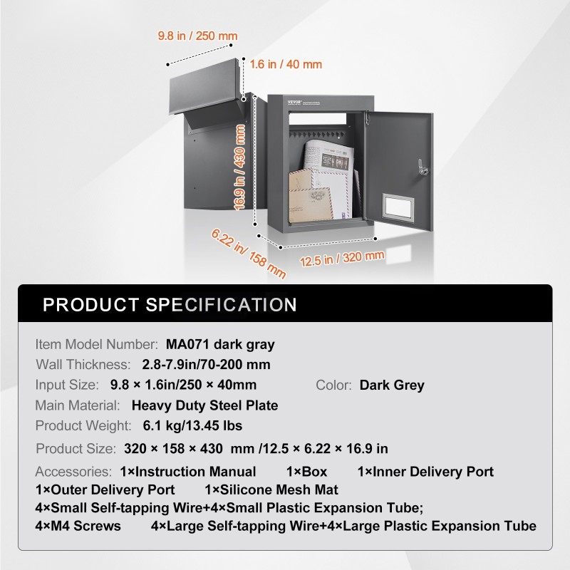 Seinään asennettava teräksinen postilaatikko koodilukolla 320×158×430 mm seinänpaksuus 70–200 mm tummanharmaa
