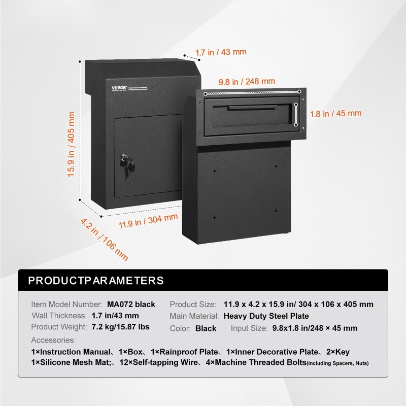 Oven läpi asennettava lukittava avain ja postilaatikko raskas teräslevy 304×150×405mm musta