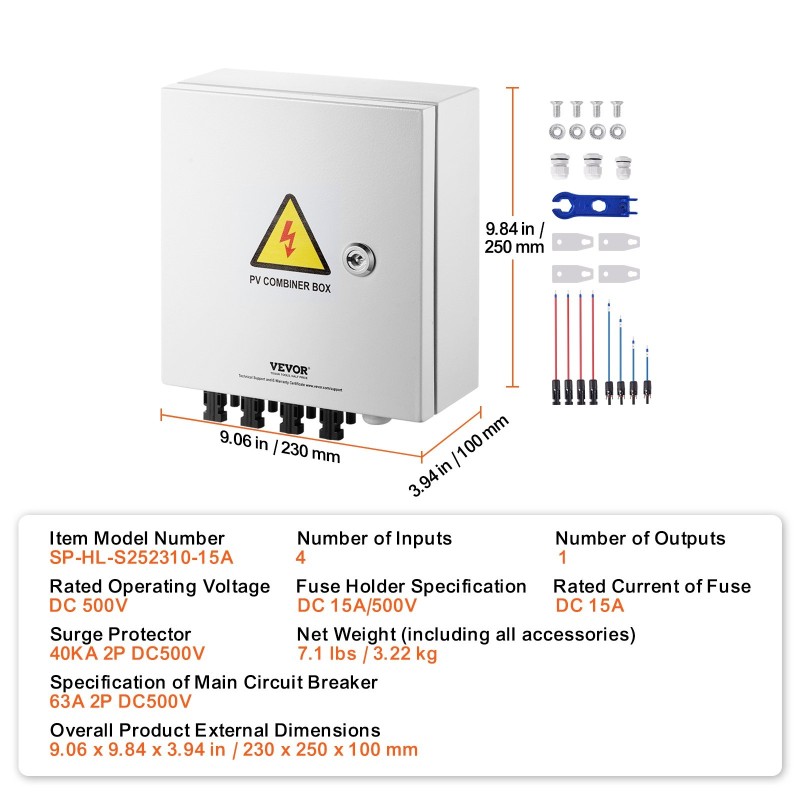 PV-yhdistinkotelo teräskotelo 4 tuloa 1 lähtö IP65 15A sulake 63A pääkytkin