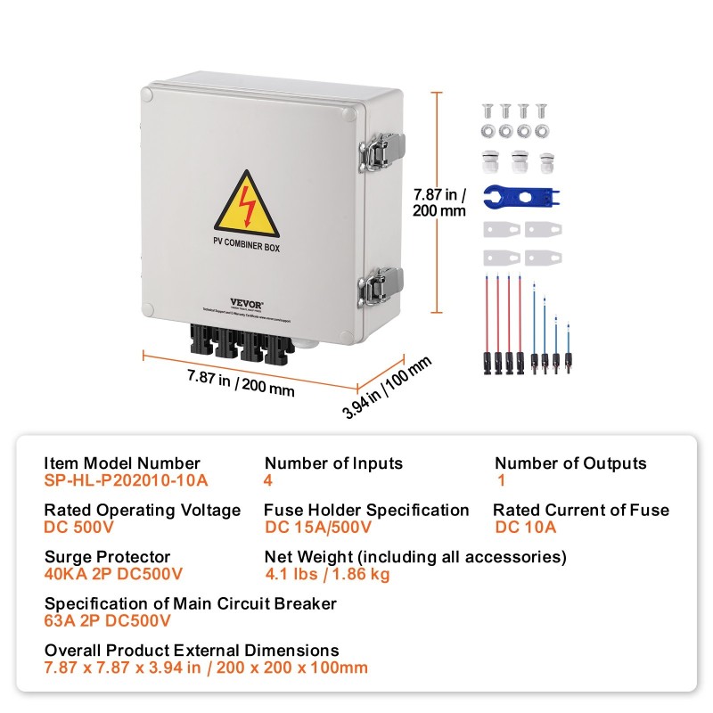 Yhdistinkotelo aurinkopaneeleille ABS-muovi 4 sisääntuloa 1 ulostulo 10A sulakkeet 63A pääkytkin IP65