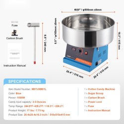 Sähkökäyttöinen hattarakone 1000 wattia ruostumattomalla teräskulholla 6 hattaraa minuutissa sininen