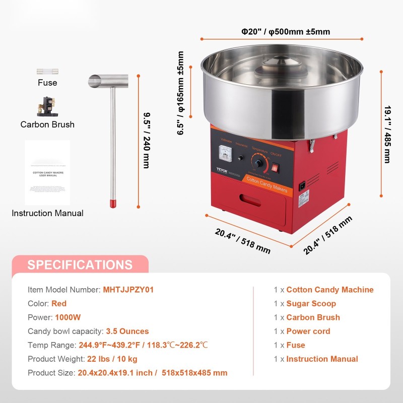 Sähkökäyttöinen hattarakone 1000W elintarvikelaatuluokan ruostumaton teräskulho 6 hattaraa minuutissa punainen