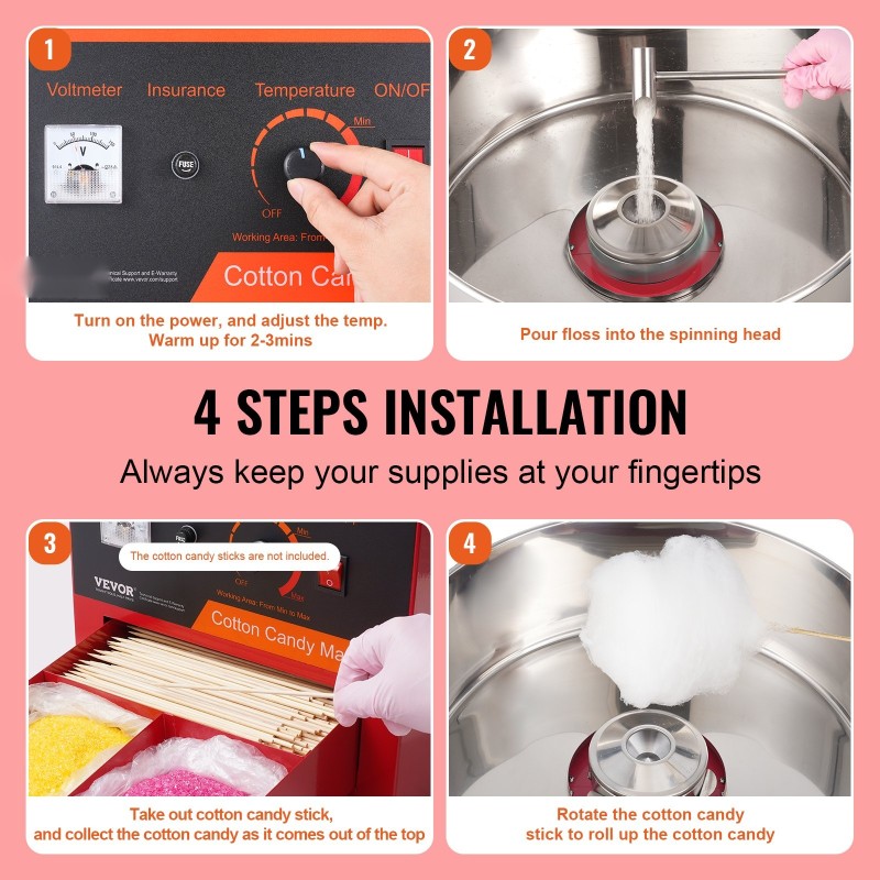 Sähkökäyttöinen hattarakone tuhannen watin moottori ruostumaton teräskulho suojakupu kuusi hattaraa minuutissa punainen