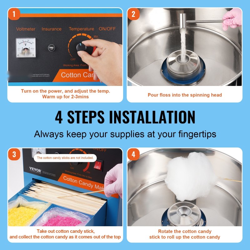 Sähköinen sininen hattarakone 1000 W ruostumattomalla teräskulholla suojakannella noin 6 hattaraa minuutissa