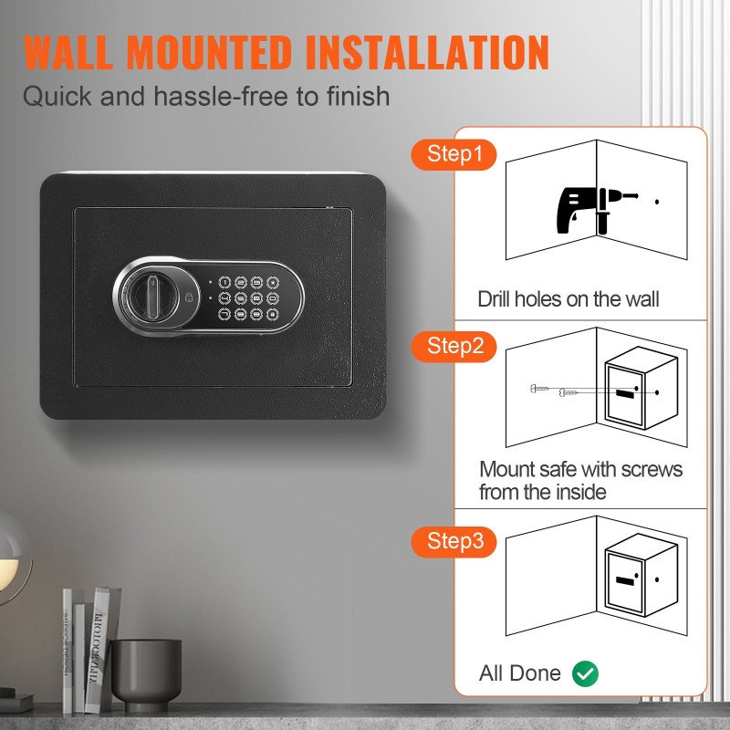 Kylmävalssattu hiiliteräs turvakaappi 14,2 litraa seinään kiinnitettävä digitaalilukko ja kaksi avainta