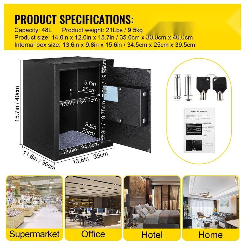 Kassakaappi Q235 teräs 0,048 m³ paloturvallinen musta sormenjälkilukolla digitaalinäppäimistöllä seinäkiinnitys irrotettava