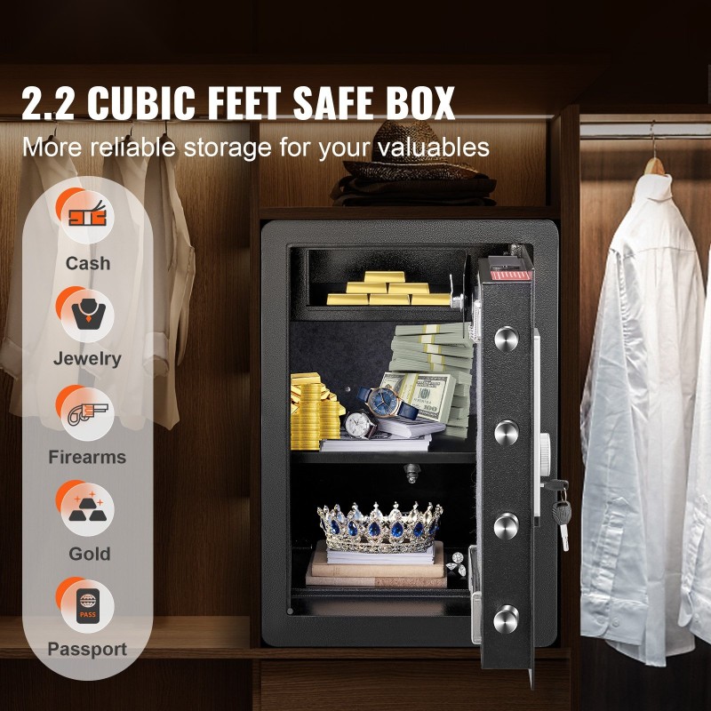 Turvakaappi teräksinen 62 l sormenjälkitunnistimella digitaalinen näppäimistö kaksi avainta palonkestävä pussi