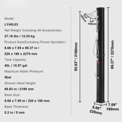 Ulkosuihku aurinkolämmitteinen 40 litran säiliö kaksi suihkupäätä ja jalkahana säänkestävä