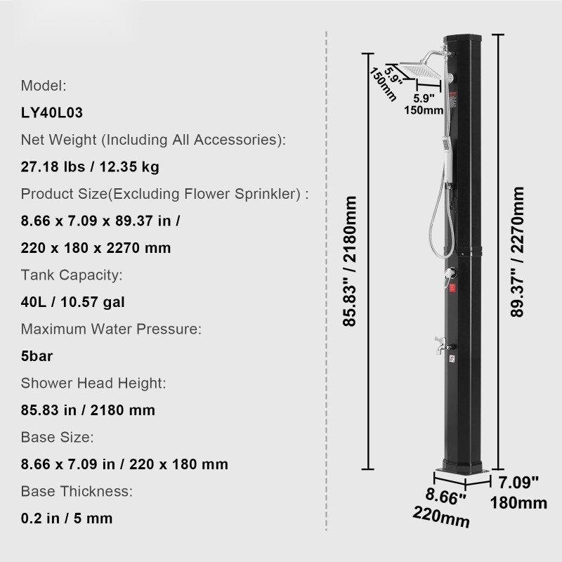 Ulkosuihku aurinkolämmitteinen 40 litran säiliö kaksi suihkupäätä ja jalkahana säänkestävä