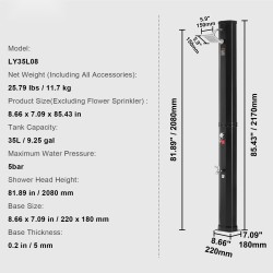 Ulkosuihku aurinkolämmityksellä 35 l säiliöllä suihkupäällä jalkahanalla