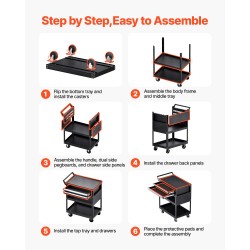 Työkaluvaunu viisi tasoa pyörillä 181 kiloa kantavuus kaksi lukittavaa laatikkoa reikälevy musta