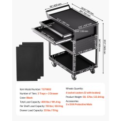 Työkaluvaunu viisi tasoa pyörillä 181 kiloa kantavuus kaksi lukittavaa laatikkoa reikälevy musta