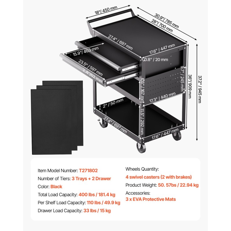 Työkaluvaunu viisi tasoa pyörillä 181 kiloa kantavuus kaksi lukittavaa laatikkoa reikälevy musta
