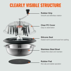 Manuaalinen lehtikulholeikkuri 430x430x380 mm 3 ruostumatonta terää taitettava kuivauspussi läpinäkyvä kupu