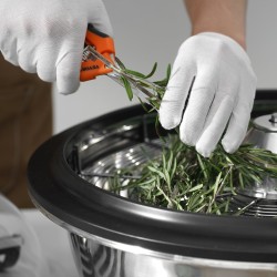 Manuaalinen lehtikulholeikkuri 430x430x380 mm 3 ruostumatonta terää taitettava kuivauspussi läpinäkyvä kupu