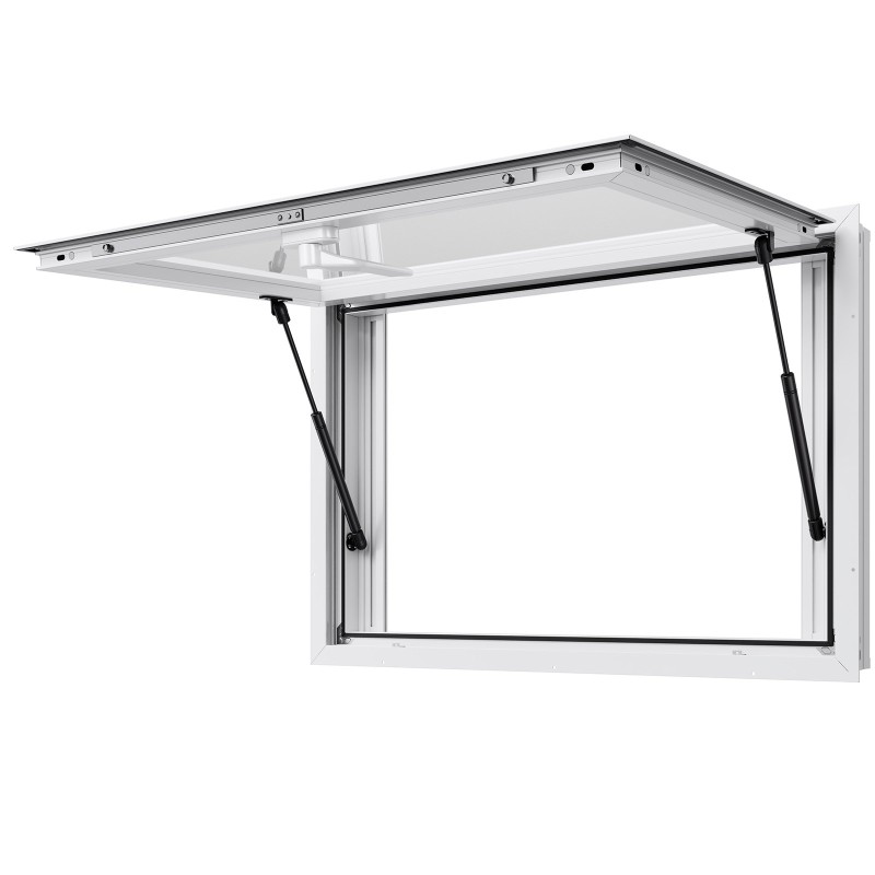 Palveluluukku alumiiniseos 92x61 cm kaksi liukuikkunaa hyönteisverkolla markiisiovi kaasujousi ruokarekkoihin