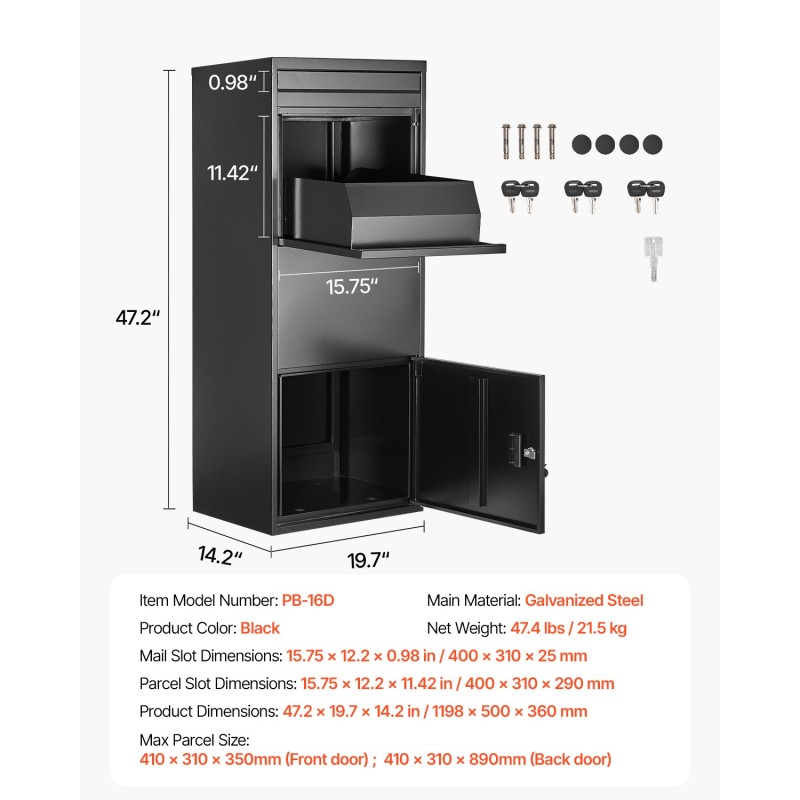 Pakettipostilaatikko galvanoidusta teräksestä ulkokäyttöön säänkestävä musta numeroyhdistelmälukolla suuri kapasiteetti