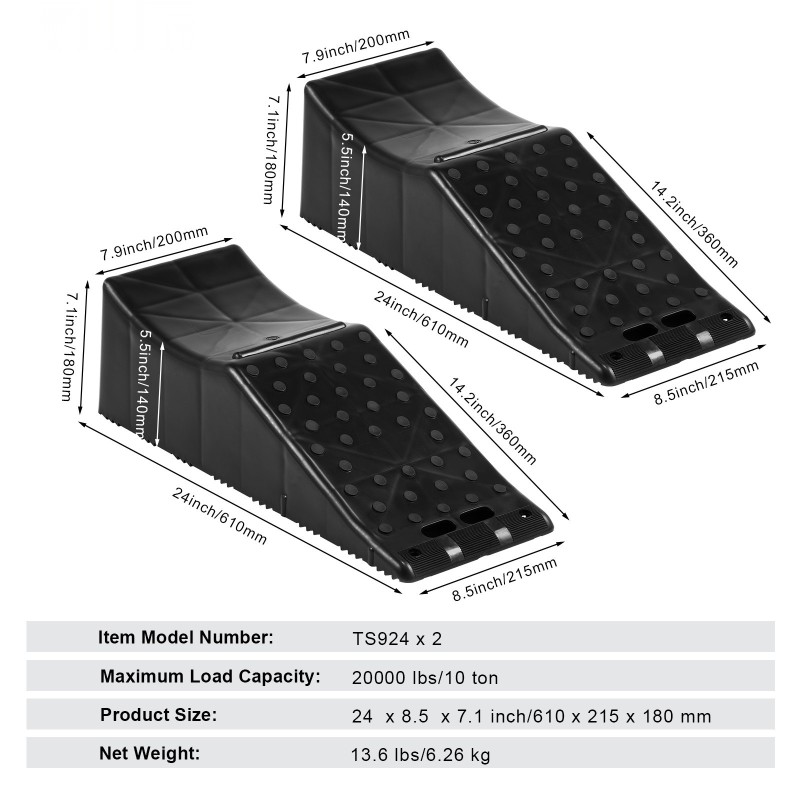 Tandem-pyöräramppi PP-muovi 10 t kuormankesto 140 mm nostokorkeus 2 kpl