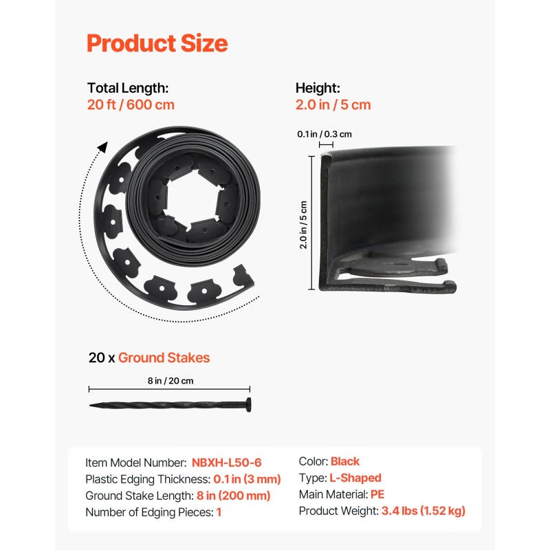 Muovinen reunalista PE-muovi 600 cm pitkä 5 cm korkea 120 maapiikkiä musta