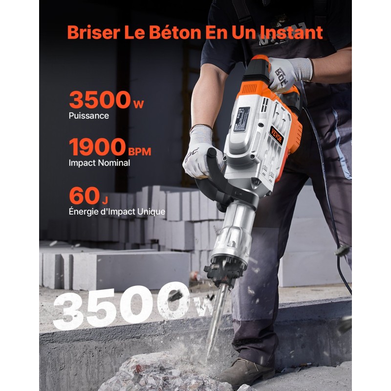 Sähköinen piikkausvasara 3500W 60J 360 asteen kääntyvä etukahva 2 talttaa ja käsineet