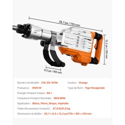 Sähköinen piikkausvasara 3500W 60J 360 asteen kääntyvä etukahva 2 talttaa ja käsineet