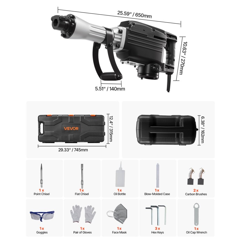 Sähköinen piikkausvasara 2800 W 1200 iskua minuutissa 45 J piste ja tasataltta