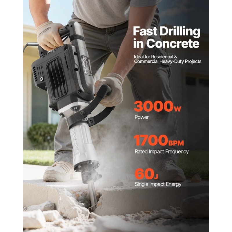 Sähköinen piikkausvasara 3000 wattia 60 joulea 1700 iskua minuutissa alumiiniseosrunko