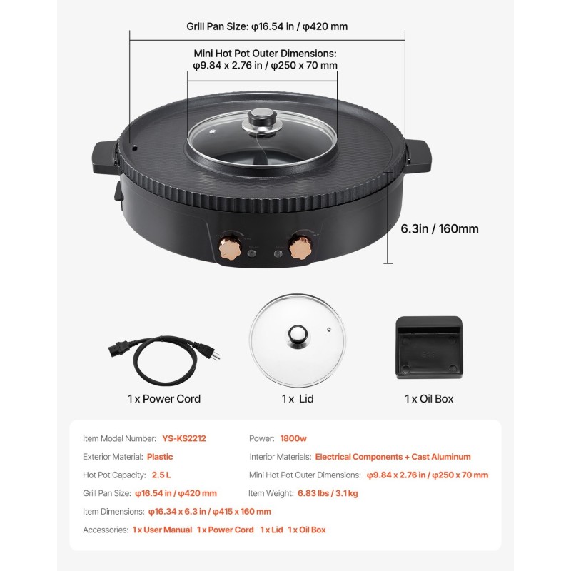 Sähköinen grilli ja kuumapata 2,5 l 1800 W erillisillä säätimillä 2–8 hengelle