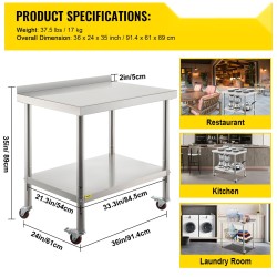 Valmistelupöytä ruostumatonta terästä 91,4 x 61 x 89 cm säädettävällä alatasolla pyörillä