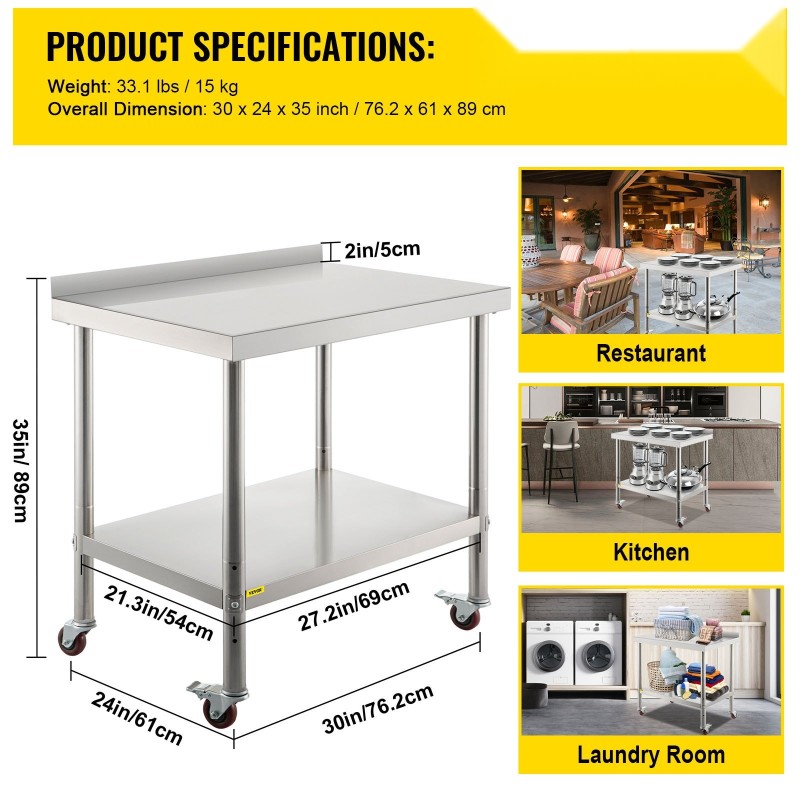 Ruostumattomasta teräksestä valmistelupöytä 76×61×89 cm 440 paunan kantavuus säädettävä alahylly