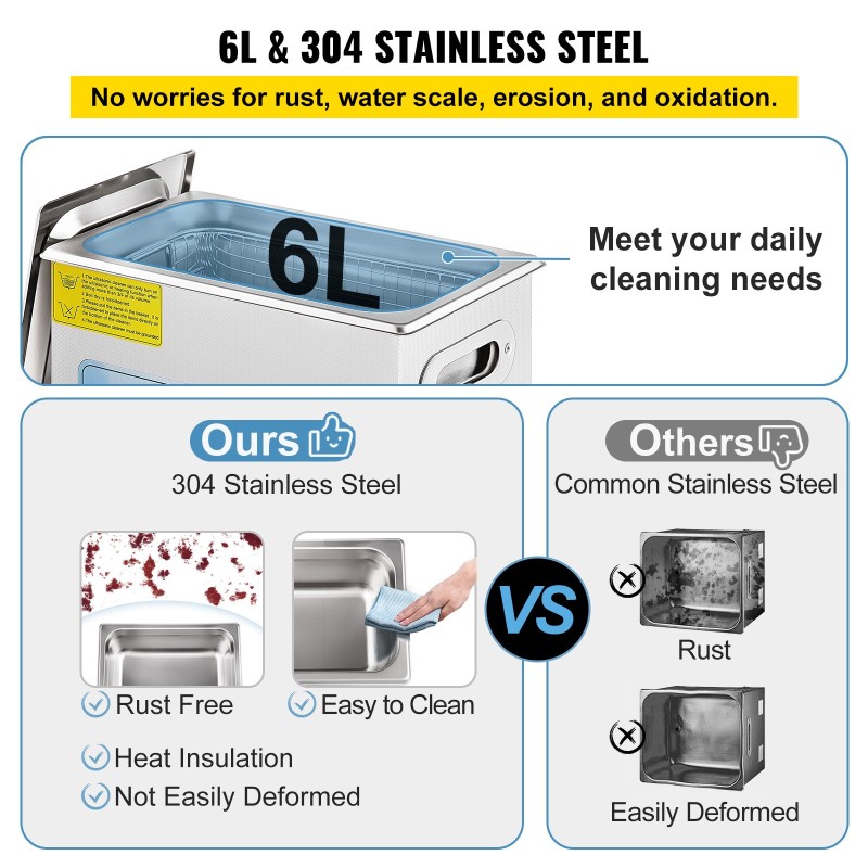 Ultraäänipesuri 304-ruostumaton teräs 6 litraa säädettävä 36–40 kilohertsiä digitaalinen ajastin