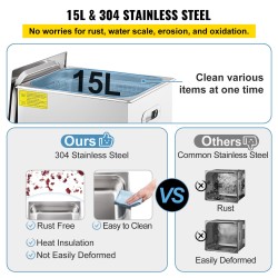 Ultraäänipesuri 15 litraa 304 ruostumatonta terästä säädettävä 36–40 kilohertsiä ajastin lämmitys